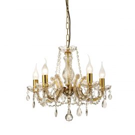 Gabrielle Chandelier With Glass Sconce & Glass Crystal Droplets 5 Light E14 Polished Brass Finish