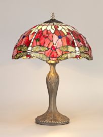 Dragonfly 2 Light Curved Table Lamp E27 With 40cm Tiffany Shade, Purple/Pink/Crystal/Aged Antique Brass