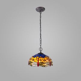 Dragonfly 2 Light Downlighter Pendant E27 With 40cm Tiffany Shade, Blue/Orange/Crystal/Aged Antique Brass