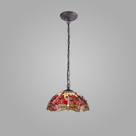 Dragonfly 1 Light Downlighter Pendant E27 With 40cm Tiffany Shade, Purple/Pink/Crystal/Aged Antique Brass