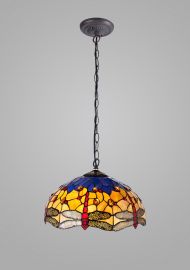 Dragonfly 1 Light Downlighter Pendant E27 With 40cm Tiffany Shade, Blue/Orange/Crystal/Aged Antique Brass