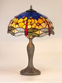 Dragonfly 2 Light Curved Table Lamp E27 With 40cm Tiffany Shade, Blue/Orange/Crystal/Aged Antique Brass