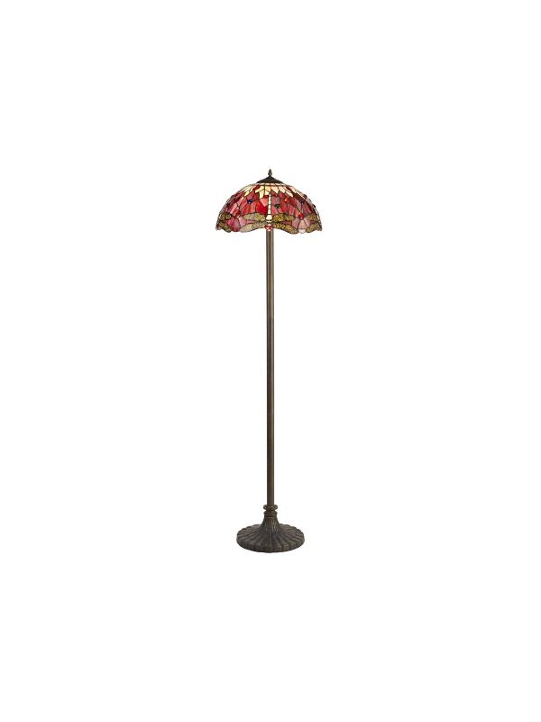 Dragonfly 2 Light Stepped Design Floor Lamp E27 With 40cm Tiffany Shade, Purple/Pink/Crystal/Aged Antique Brass