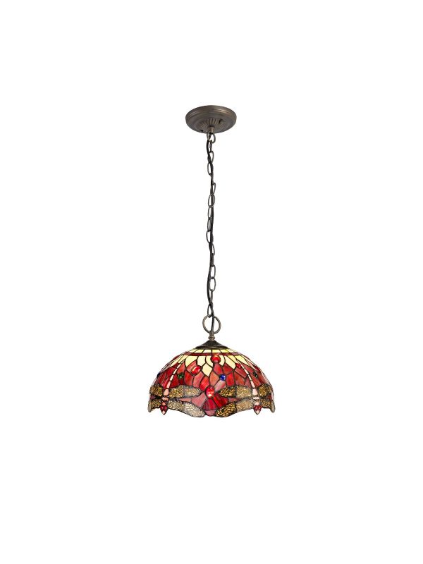 Dragonfly 3 Light Downlighter Pendant E27 With 30cm Tiffany Shade, Purple/Pink/Crystal/Aged Antique Brass