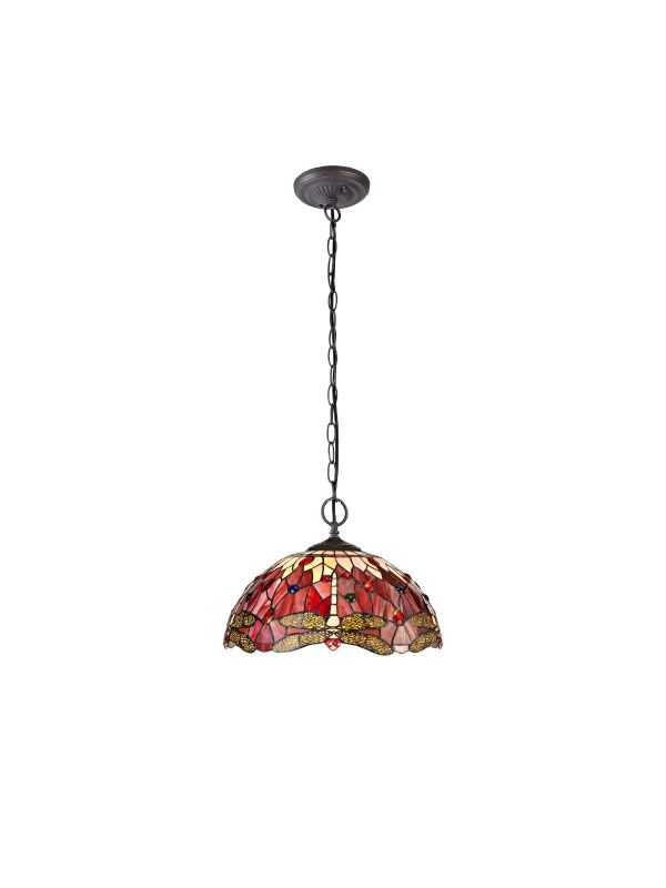 Dragonfly 2 Light Downlighter Pendant E27 With 40cm Tiffany Shade, Purple/Pink/Crystal/Aged Antique Brass