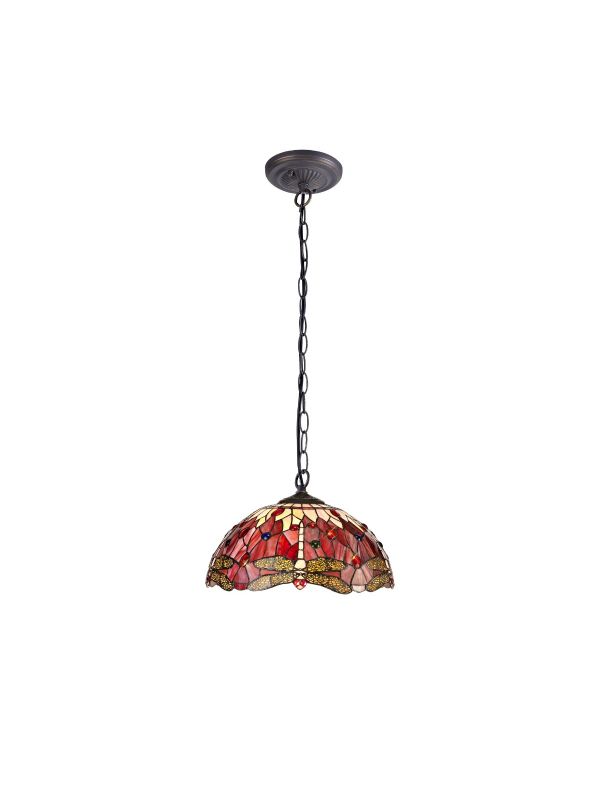 Dragonfly 1 Light Downlighter Pendant E27 With 40cm Tiffany Shade, Purple/Pink/Crystal/Aged Antique Brass