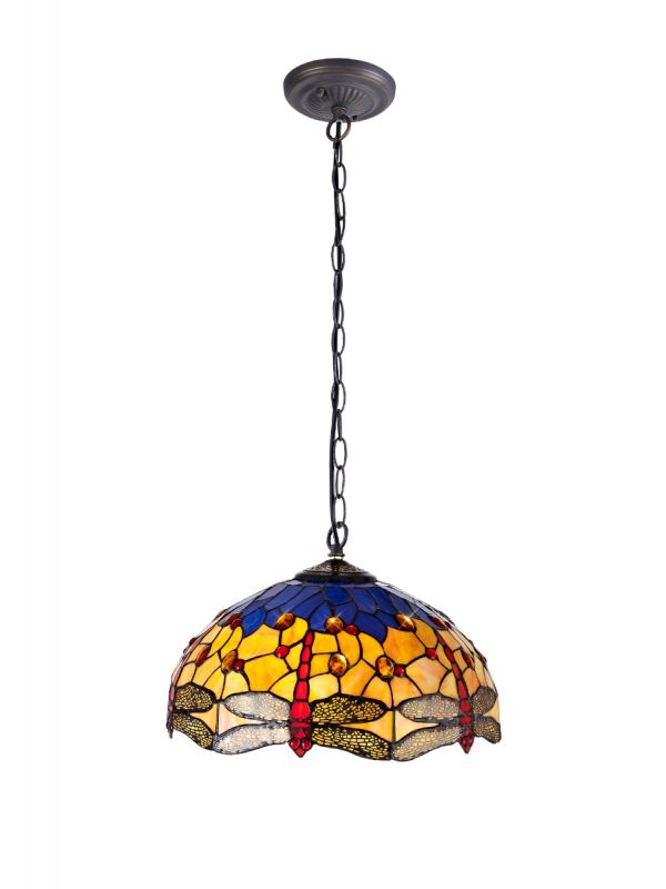 Dragonfly 1 Light Downlighter Pendant E27 With 40cm Tiffany Shade, Blue/Orange/Crystal/Aged Antique Brass
