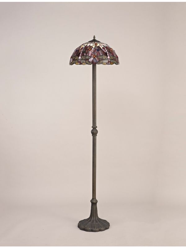 Dragonfly 2 Light Leaf Design Floor Lamp E27 With 40cm Tiffany Shade, Purple/Pink/Crystal/Aged Antique Brass