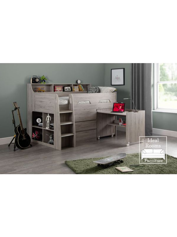 Midsleepeer with Storage and Pull Out Desk - Grey Oak