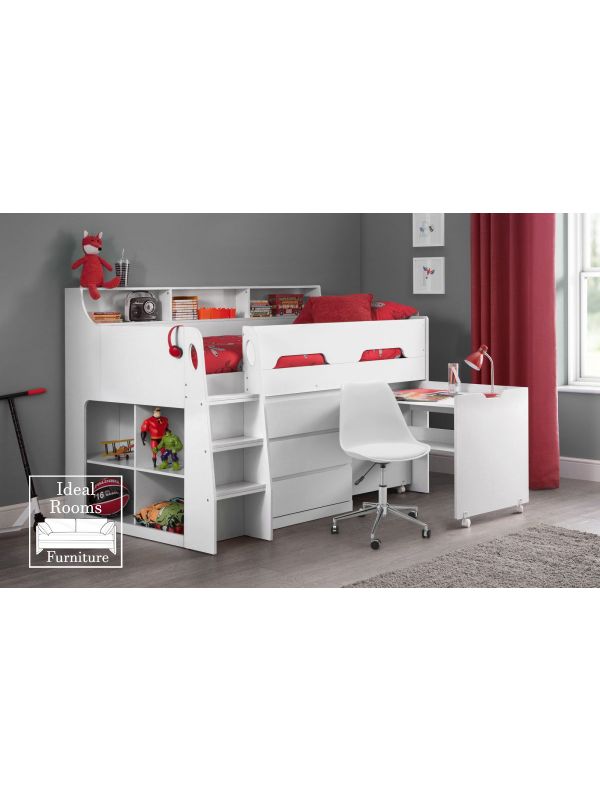 Midsleepeer with Storage and Pull Out Desk - White
