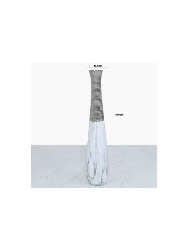 Marble White & Silver Fluted Vase 100cm