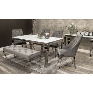 Louis 160cm White Glass Dining Table Cassia Dining Chairs