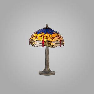Dragonfly 2 Light Tree Like Table Lamp E27 With 40cm Tiffany Shade, Blue/Orange/Crystal/Aged Antique Brass