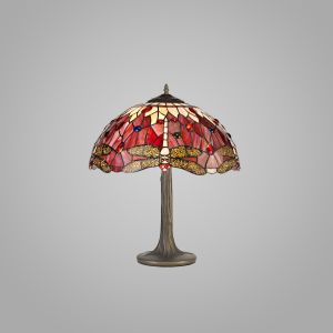 Dragonfly 2 Light Tree Like Table Lamp E27 With 40cm Tiffany Shade, Purple/Pink/Crystal/Aged Antique Brass