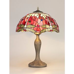 Dragonfly 2 Light Curved Table Lamp E27 With 40cm Tiffany Shade, Purple/Pink/Crystal/Aged Antique Brass