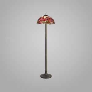 Dragonfly 2 Light Stepped Design Floor Lamp E27 With 40cm Tiffany Shade, Purple/Pink/Crystal/Aged Antique Brass