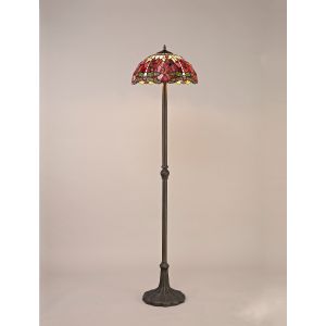 Dragonfly 2 Light Leaf Design Floor Lamp E27 With 40cm Tiffany Shade, Purple/Pink/Crystal/Aged Antique Brass