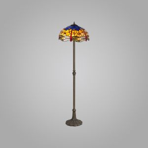 Dragonfly 2 Light Leaf Design Floor Lamp E27 With 40cm Tiffany Shade, Blue/Orange/Crystal/Aged Antique Brass