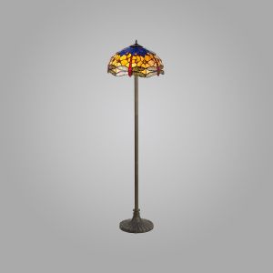 Dragonfly 2 Light Stepped Design Floor Lamp E27 With 40cm Tiffany Shade, Blue/Orange/Crystal/Aged Antique Brass