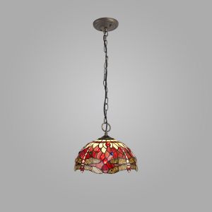 Dragonfly 3 Light Downlighter Pendant E27 With 30cm Tiffany Shade, Purple/Pink/Crystal/Aged Antique Brass