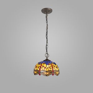 Dragonfly 3 Light Downlighter Pendant E27 With 30cm Tiffany Shade, Blue/Orange/Crystal/Aged Antique Brass