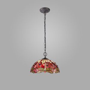 Dragonfly 2 Light Downlighter Pendant E27 With 40cm Tiffany Shade, Purple/Pink/Crystal/Aged Antique Brass