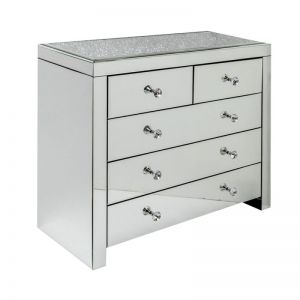 Mirrored Crushed Diamond Glass Top 5 Drawer Chest