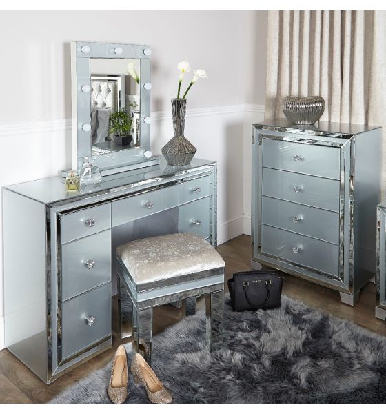 Madison white glass 7 store drawer mirrored dressing table