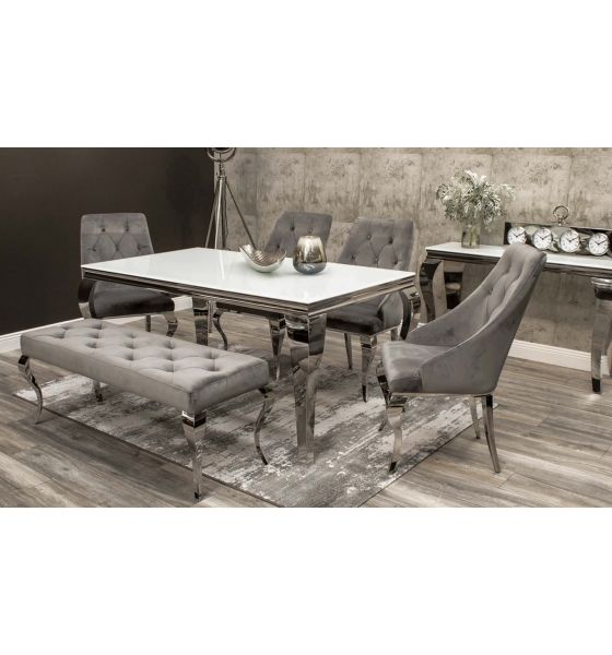 Louis 160cm White Glass Dining Table Cassia Dining Chairs